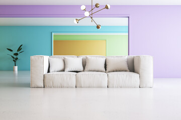 Colorful gradient rainbow living room interior with furniture. Design and creativity concept. 3D Rendering.