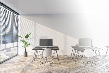 Fototapeta na wymiar Sketch of modern coworking office interior with window and city view, blinds, workspaces and wooden flooring. 3D Rendering.