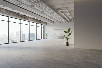 Modern office lobby interior with blank mock up place on wall, reception desk and other pieces of furniture, panoramic windows and city view. 3D Rendering.