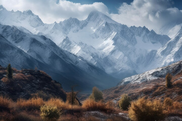 Snow-covered majestic mountains, AI Generated landscape