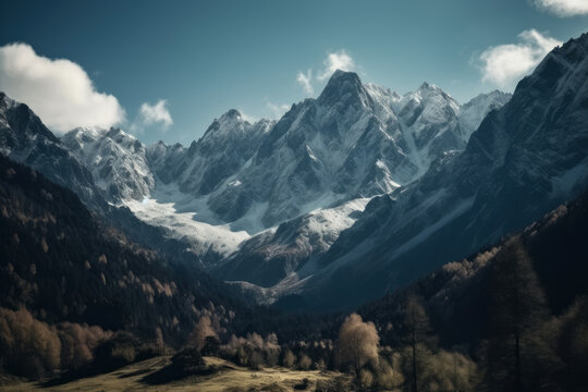 Snow-covered majestic mountains, AI Generated landscape