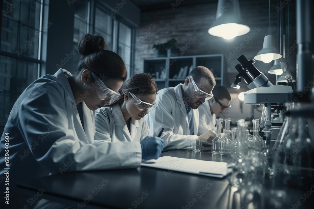 Poster team of scientists working in a laboratory, carefully conducting experiments and analyzing data. gen