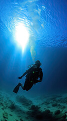 Fototapeta na wymiar a scuba diver underwater with sun above sea. .