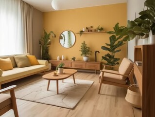 Yellow Japanese style living room with wooden decoration. Generative AI