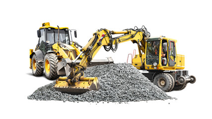 Wheel excavator with wide bucket isolated on white background. A powerful excavator with a loader close-up unloads crushed stone or gravel. Rental of construction equipment. design element.