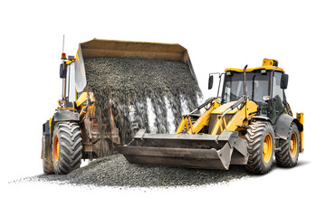 Powerful wheel loaders or bulldozers on a white isolated background. Loaders pour crushed stone or...