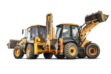 Two heavy front loaders or bulldozers on a white isolated background. Construction equipment and transport. Transportation and movement of bulk materials. Excavation. Element for design.