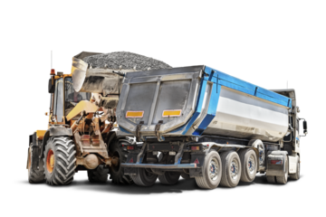 Mining dump truck and bulldozer loader close-up on a white isolated background.Construction equipment for earthworks. element for design.