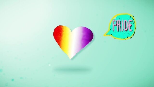 2D cartoon of bouncing heart with Lesbian flag and Speech Bubble with the word 'Pride', teal textured background, 25 fps, .mp4, 4K