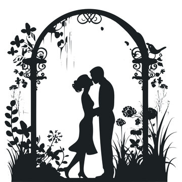 Black and white silhouettes of a groom and a bride holding hands and standing under an flower arch.