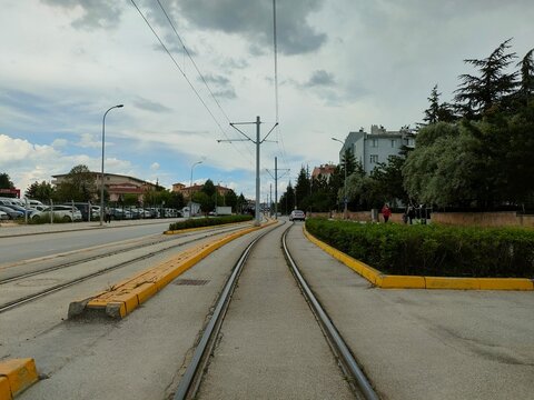tramvay lines in the city of Eskişehir with a view on the city