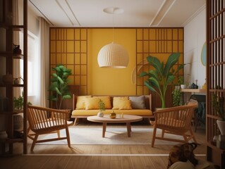 Fototapeta na wymiar Yellow Japanese style living room with wooden decoration. Generative AI