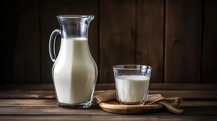 Glass and pitcher milk. Generative AI - obrazy, fototapety, plakaty
