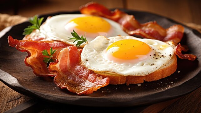 Fried eggs and bacon. Generative AI