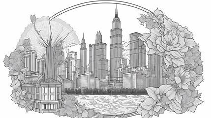 Black and white illustration of chicago city. Coloring book antistress for children and adults. Illustration isolated on white background - Generative AI technology