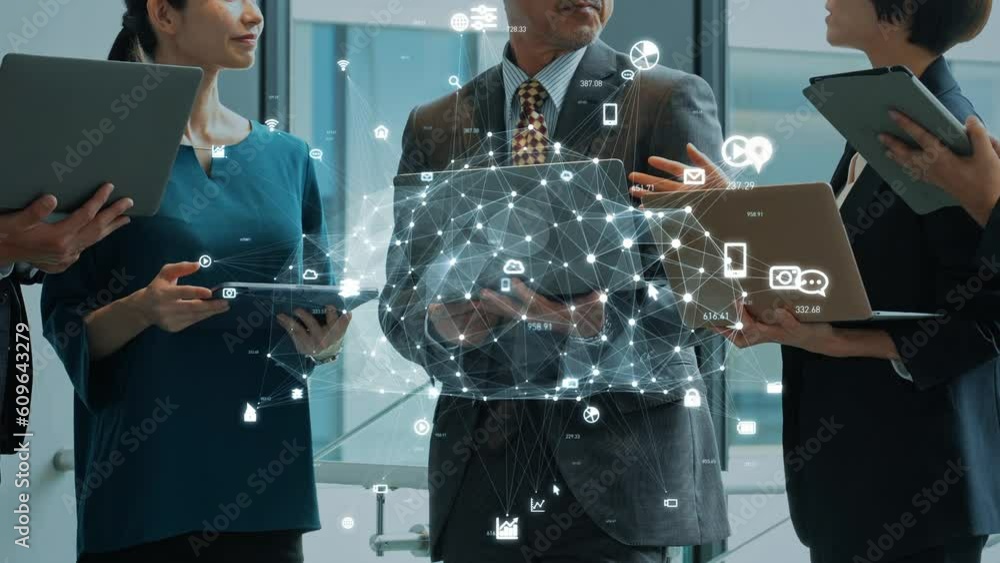 Aufkleber Group of people meeting in lobby and cloud computing concept. Software as a Service. SaaS. Communication network. ERP. Enterprise Resources Planning.