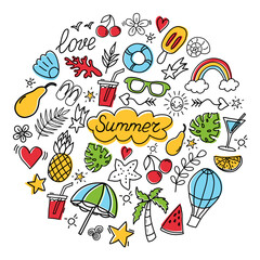 Fototapeta premium Summer color doodles icon set in round. Hello Summer.