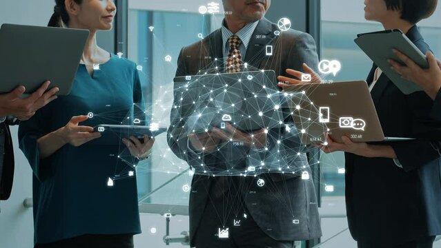 Group of people meeting in lobby and cloud computing concept. Software as a Service. SaaS. Communication network. ERP. Enterprise Resources Planning.