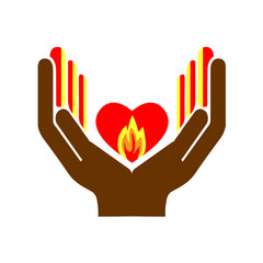 Human hand holding and protecting heart. Human hand holding and protecting heart symbol red heart love and health.