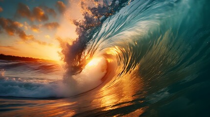 Sunset View of a Wave crushing into the Sea