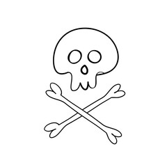 Hand-drawn unpainted skull and bones highlighted on a white background. Mysticism and Halloween. For a poster, banner, logo, drawing.