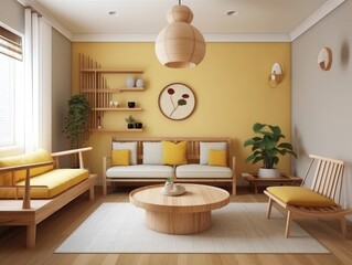 Fototapeta na wymiar Yellow Japanese style living room with wooden decoration. Generative AI