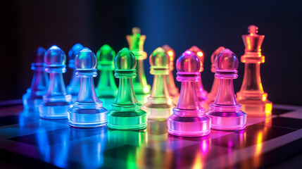Colorful Chess Pieces on a Chess Board, Multi-color Chess Pieces, Rainbow Chess Pieces