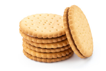 Sandwich cookies lie one on top of the other, isolated on a white background.