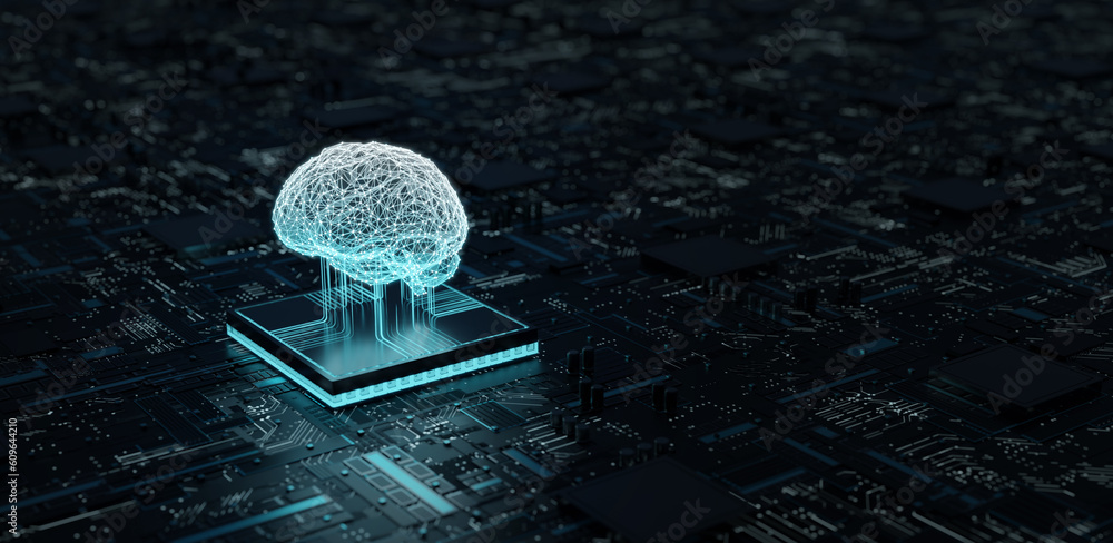Wall mural artificial intelligence hardware concept. glowing blue brain circuit on microchip on computer mother