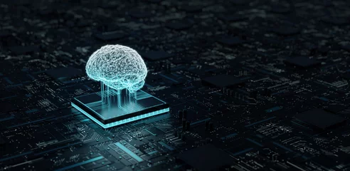 Artificial Intelligence hardware concept.  Glowing blue brain circuit on microchip on computer motherboard.  big data processing, ai trading, machine learning, technology, 3D illustration, 3D renderin © Lee