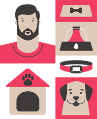 A set of icons with a puppy and accessories for caring for him. Drinking bowl and bowl for pets. Controlled dog walking collar. Happy dog owner. Dog house with paw print. Flat illustration.