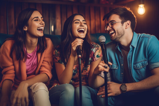Group of friends having a karaoke session and singing together, Friends, Friendship day Generative AI