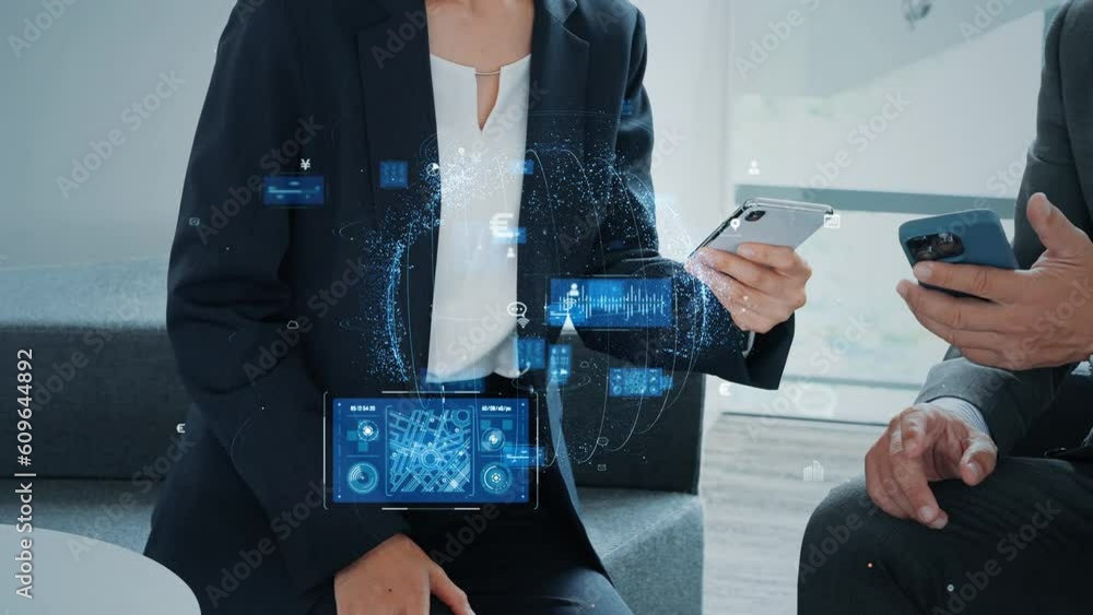 Aufkleber Group of people using a smart phone in lobby and digital transfomrmation concept. System engineering. Communication network. ERP. Enterprise Resources.
