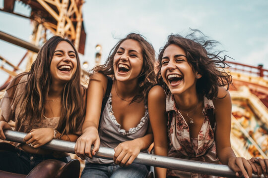 Group of friends having a fun-filled day at an amusement park, Friends, Friendship day Generative AI