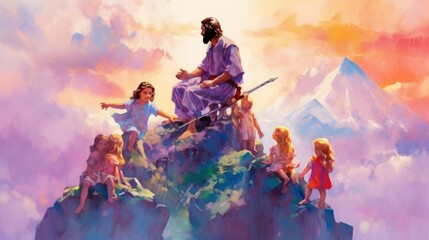 Fototapeta premium Jesus and his followers on top of the hill