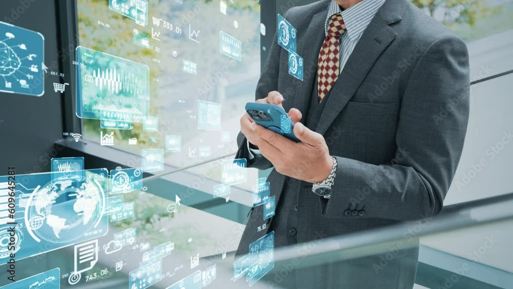 Poster Businessman using a smart phone in lobby and digital transfomrmation concept. System engineering. Communication network. ERP. Enterprise Resources.