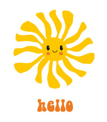 Cute Nursery Vector Illustration with Smiling Yellow Sun and  Orange Hello on a White Background. Retro Groovy Drawing Style Cartoon ideal for Wall Art, Poster, Card. Happy Sun with Wavy Rays.