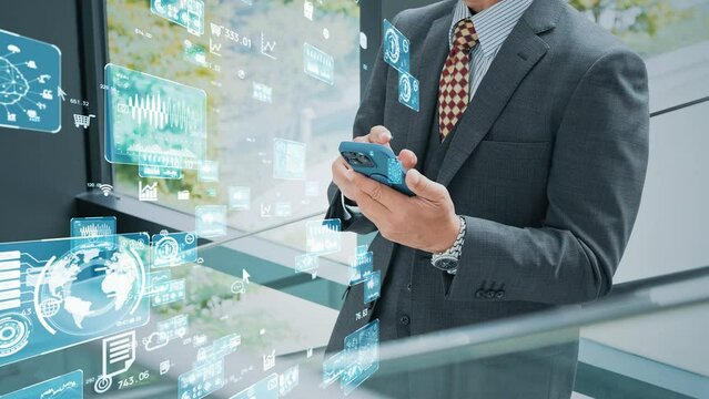 Businessman using a smart phone in lobby and digital transfomrmation concept. System engineering. Communication network. ERP. Enterprise Resources.
