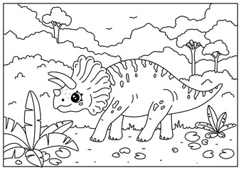 Cute triceratops dinosaur in tropical forest. A4 printable coloring page for kids. Black and white vector illustration.