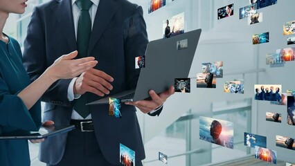 Group of people meeting in lobby with laptops and visual contents concept. NFT. Non-fungible token. Image generation AI.