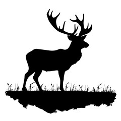 Black silhouette of deer on meadow in forest landscape panorama illustration icon vector for logo, isolated on white background (Generative Ai)