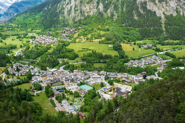 Fototapeta na wymiar View of Pre Saint Didier town near Courmayeur and french border. Val d'Aosta region. Italian Alps