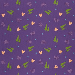 Seamless pattern for kids with rainbow, hearts, Christmas tree, purple watercolor background