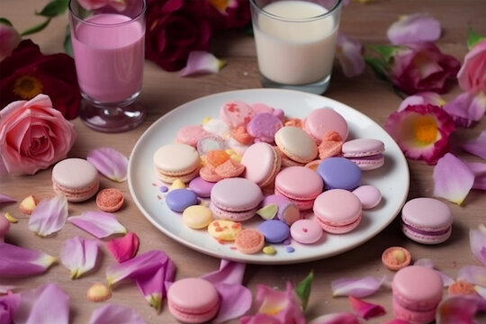 a plate of macarons with a glass of milk