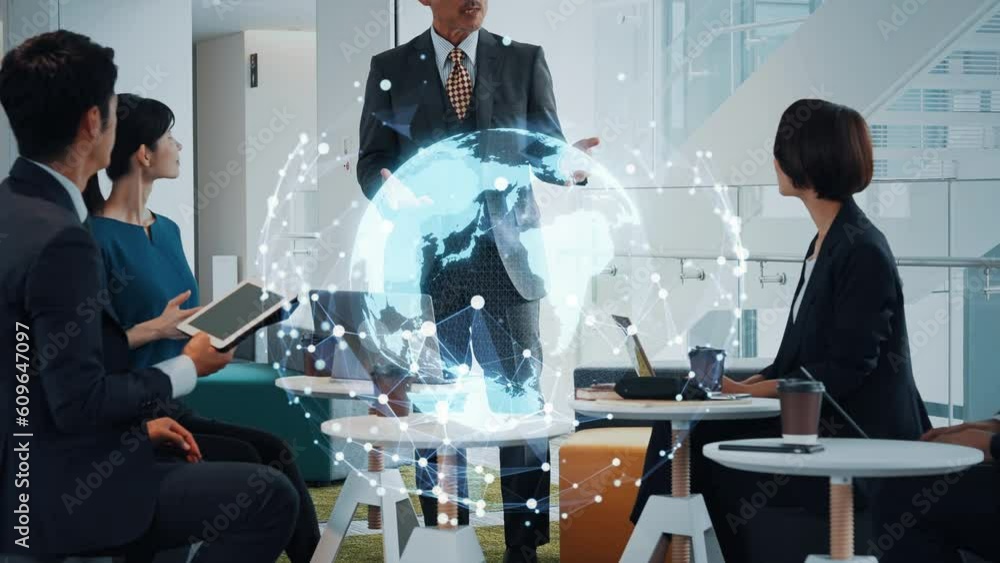 Poster Group of people meeting in lobby and global communication network concept. Software as a Service. SaaS. Communication network. ERP. Enterprise Resources Planning.