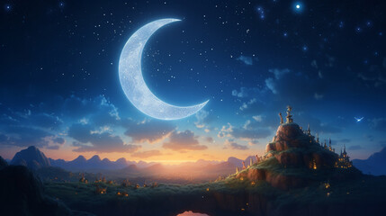Naklejka premium Crescent moon against a mesmerizing sky islamic background 