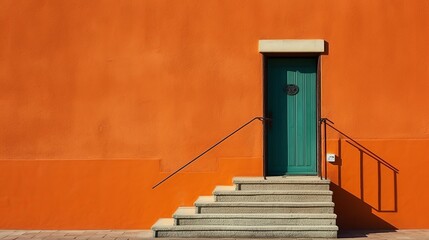 Contemporary layout template for decoration design. Orange Wall with a door, steps. Template design. luxury style background