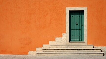 Contemporary layout template for decoration design. Orange Wall with a door, steps. Template design. luxury style background