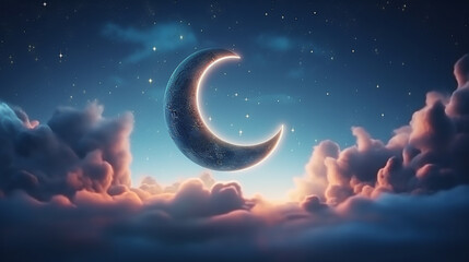 Obraz na płótnie Canvas 3D Crescent Moon Illuminating a Colorful Night Sky
