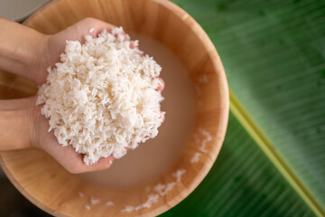 Preparing sticky rice in steamer for cook ,Sticky rice with mango , glutinous rice , northeastern...